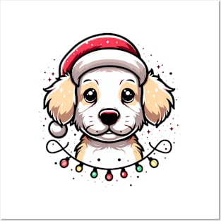 Adorable Dog Christmas Lights Santa Hat Posters and Art